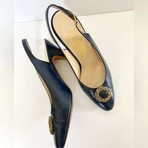 Ferragamo Vintage 80s Leather Embellished Slingback Pumps